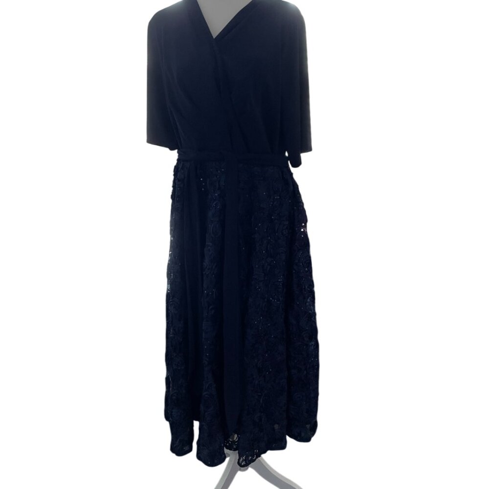 Alex Evenings Women's Plus Size Tea Length Dress with Rosette Detail Blue 18W